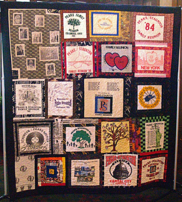 The Peaks/Stauton Family Reunion quilt incorporated pieces of reunion t-shirts as well as ancestor photos.