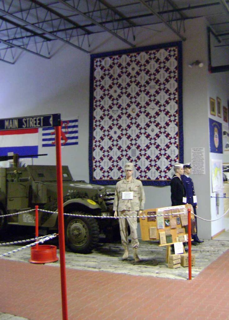 A quilt hanging at the Cole Land Transportation Museum in Bangor, Maine. A great tour stop for military reunions.