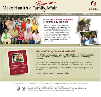 Screen shot of the Family Reunion website: www.nkdep.nih.gov. Click to enlarge